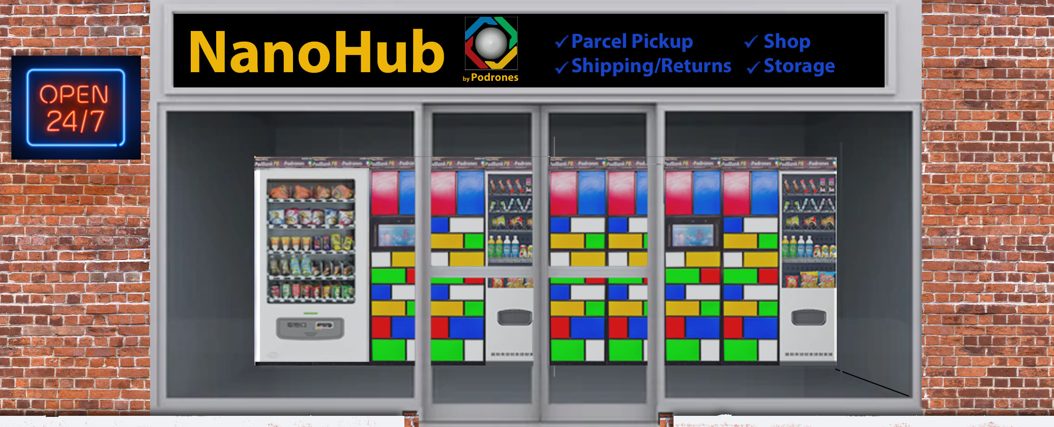 NanoHub installation — lobby with PodBank lockers and vending, person collecting a parcel