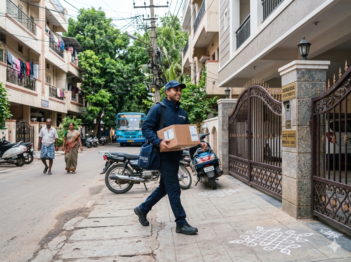 A Delivery Partner at a residential gate, parcel in hand, mid-motion in daylight
